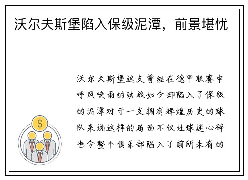 沃尔夫斯堡陷入保级泥潭，前景堪忧