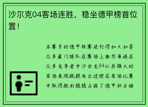 沙尔克04客场连胜，稳坐德甲榜首位置！